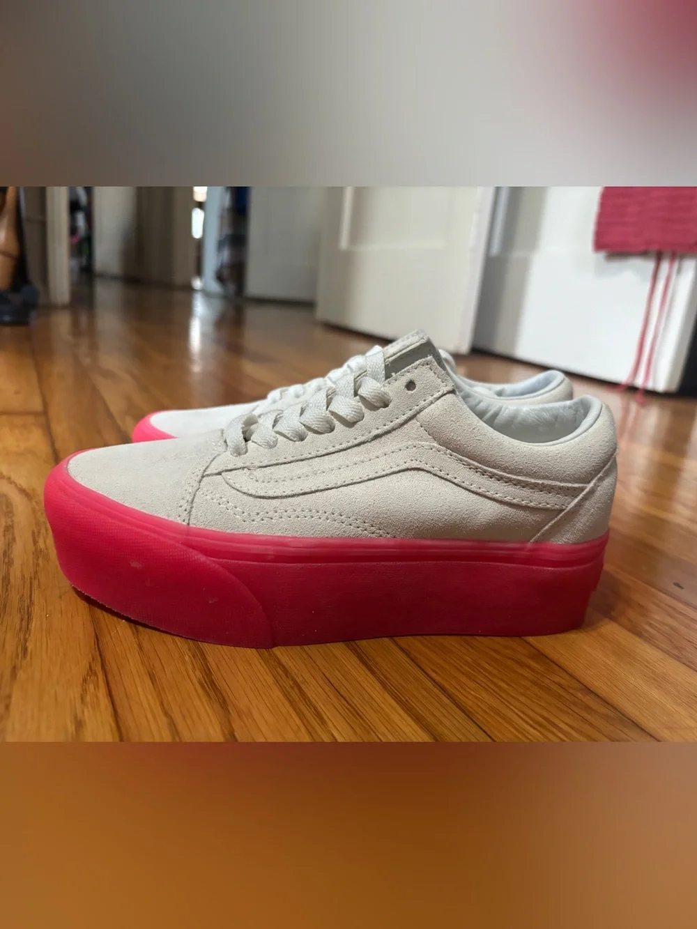 Vans White Suede Platform Sneakers with Pink Sole